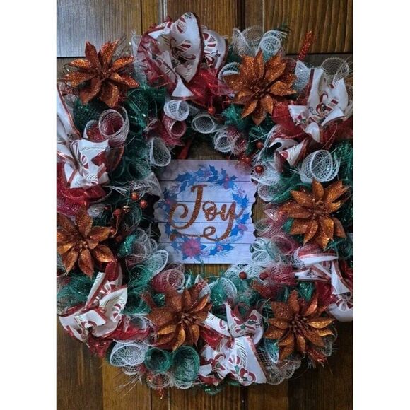 Hand Made Deco Mesh Christmas Poinsettia Holiday Door Wreath Winter Home Decor - Picture 2 of 7